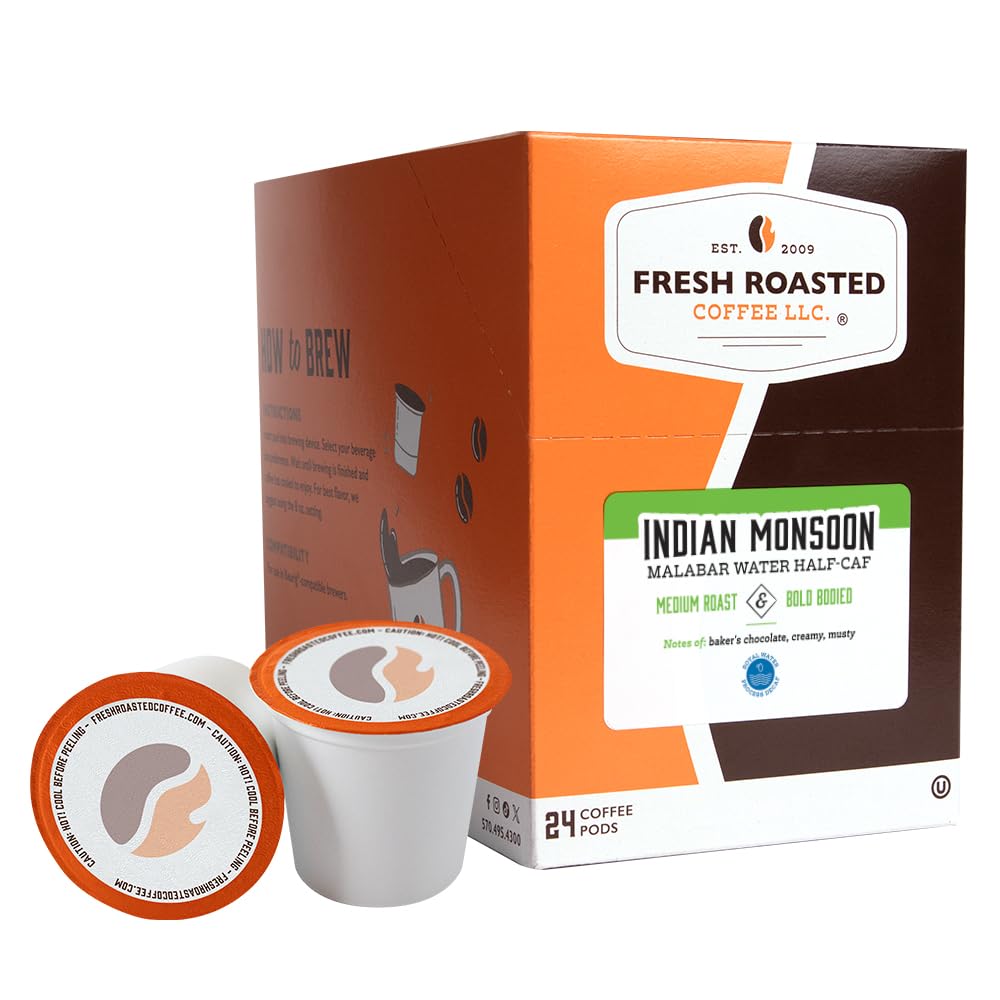 Fresh Roasted Coffee, Royal Water Half-Caf Indian Monsoon Malabar, Kosher, K-Cup Compatible, 24 Pods