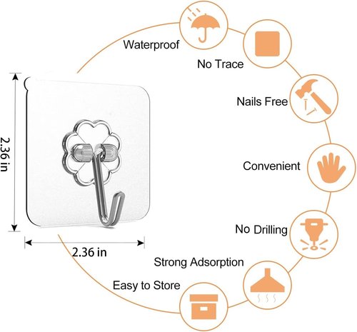 Adove Adhesive Hooks - Heavy Duty 20 Pack, Removable Transparent Wall & Ceiling Hooks, 22lb Max Capacity