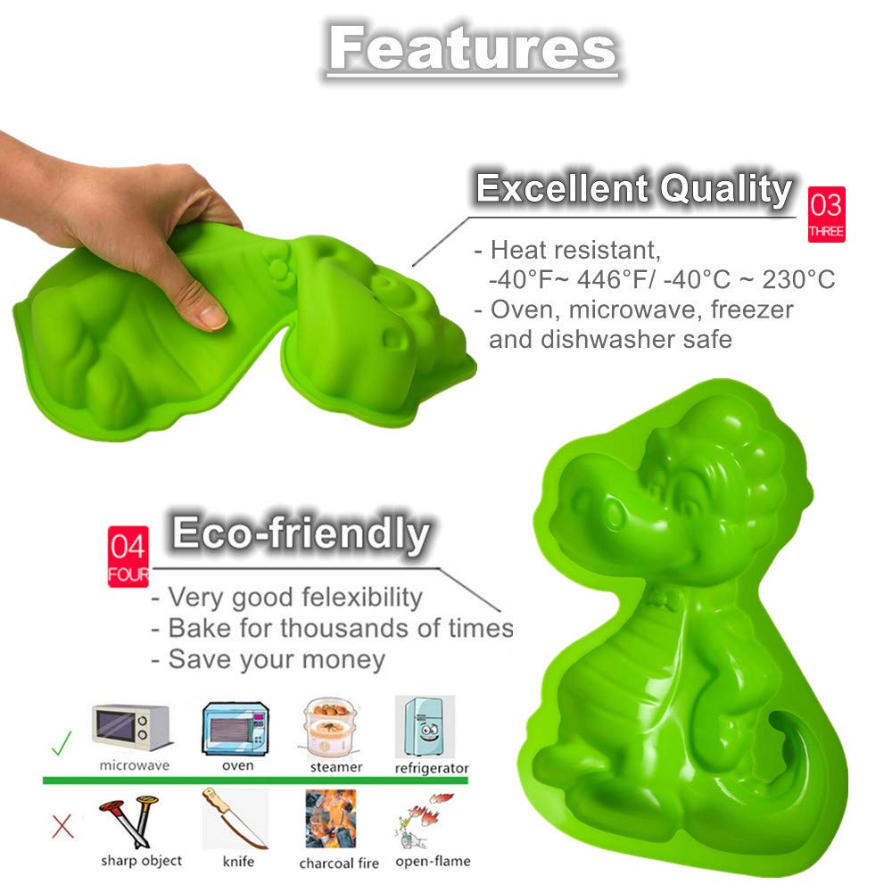 KeepingcooX Kids 3D Birthday Cake Pan - Dinosaur Shaped Small Birthday Cake Mould | Novelty Pudding Mold for Kids | Premium Food-grade Silicone Baking Mold Tray | 9.45 x 1.57 x 6.69 Inches