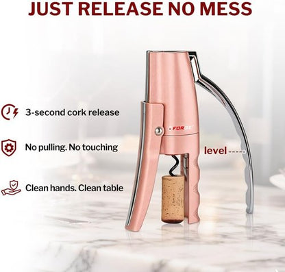 Forge Quality Compact Vertical Lever Corkscrew Wine Opener with Foil Cutter. 3 Seconds to Open a Bottle of Wine. Pink.