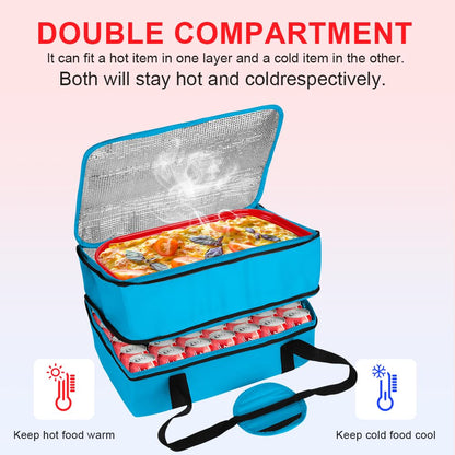 Bodaon 1Pk Insulated Casserole Carrier for Hot or Cold Food, Fits 9"x13" and 11"x15" Baking Dish with Lid, Insulated Food Carriers for Transport, Travel Food Warmer Container Bags(Double Decker, Blue)