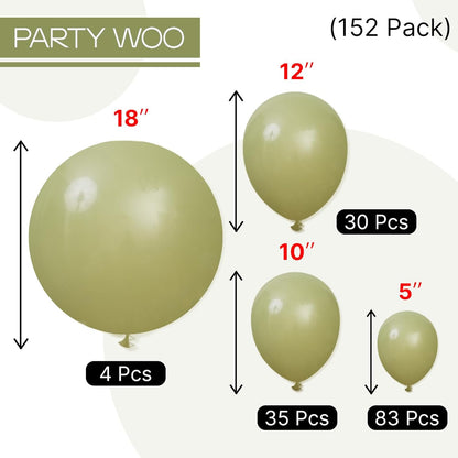 PartyWoo Sage Green Balloons - 152-Piece Latex Balloon Arch Kit for Weddings & Birthdays | Various Sizes