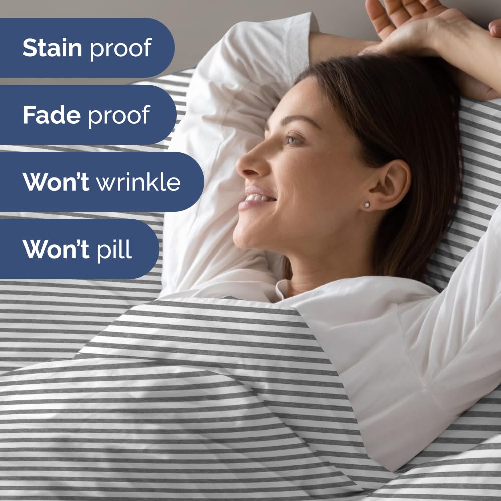 Short Queen Size 4 Piece Sheet Set - RV Short Queen, Soft, Breathable & Cooling Bed Sheets Set w/ Deep Pockets - Hotel Luxury Bedding for Women, Men, Kids, Teens, Boys & Girls, Oeko-Tex - Grey Stripes