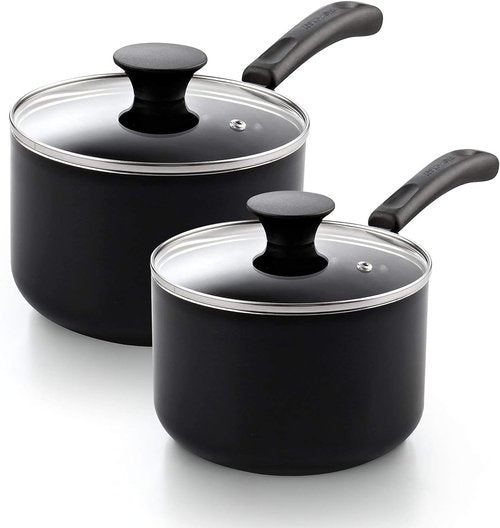 Cook N Home Nonstick Sauce Pan Set 1Qt and 2Qt, Multi-purpose Pots Set Saucepan Kitchenware with Glass Lid, Black, Aluminum