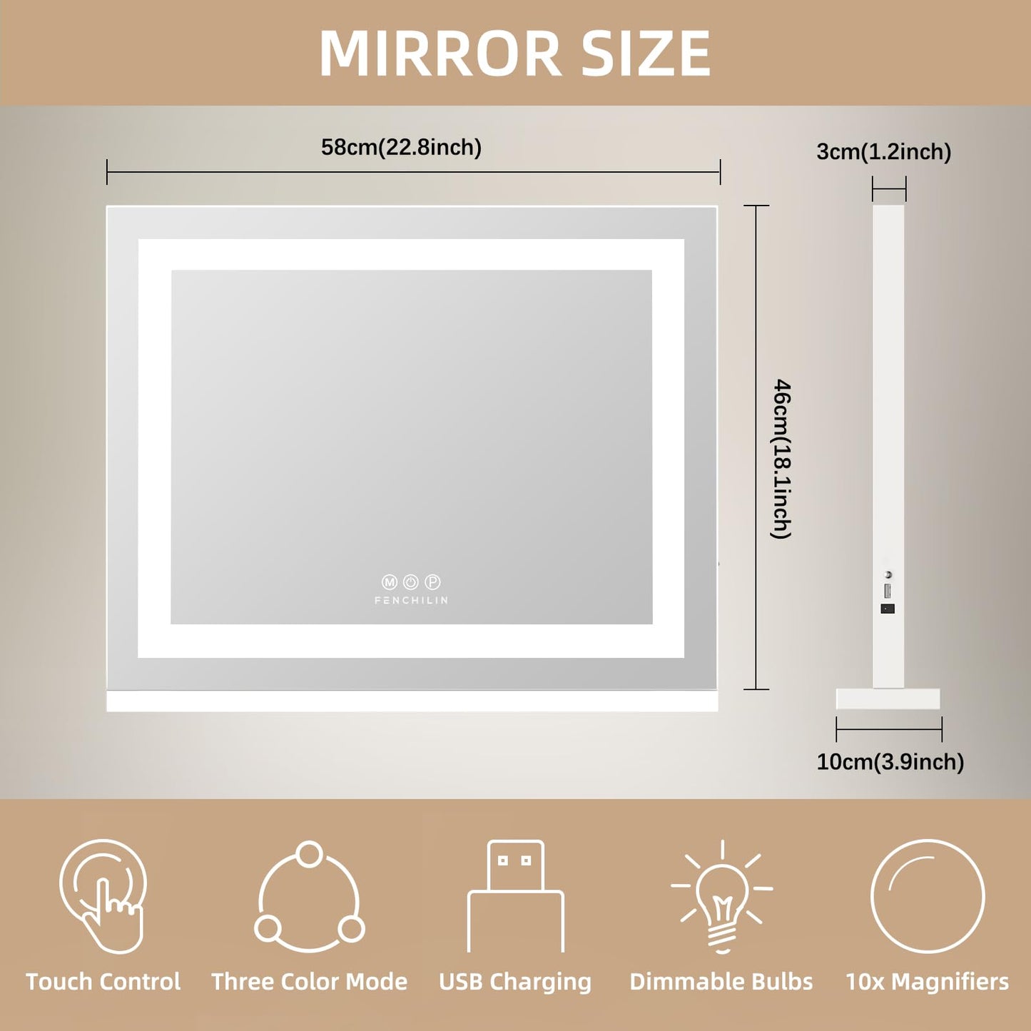 FENCHILIN Vanity Mirror with Light,22.8"x18.1" LED Makeup Mirror wtih Light and Hollywood Vanity Mirror wtih Smart Touch Control 3 Colors Dimmable Light & 10X Magnification,White