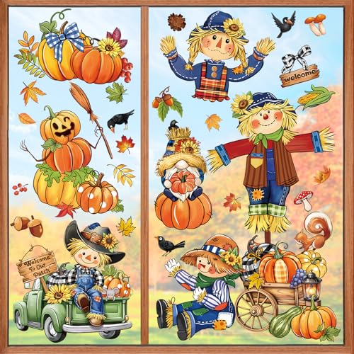 Thanksgiving Fall Pumpkin & Scarecrow Window Clings - Reusable Decor, 8 Sheets