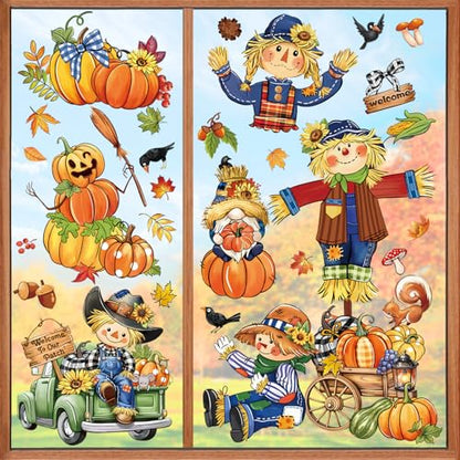 Thanksgiving Fall Pumpkin & Scarecrow Window Clings - Reusable Decor, 8 Sheets