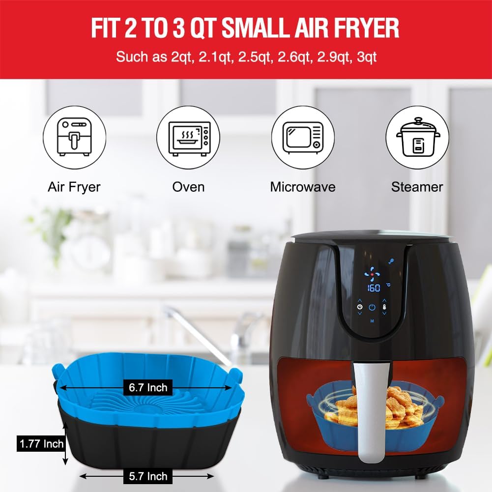 Skiennix Air Fryer Silicone Liners - Non-Stick Reusable Pot Basket for 2 to 3 QT | 2 Pack Square Inserts