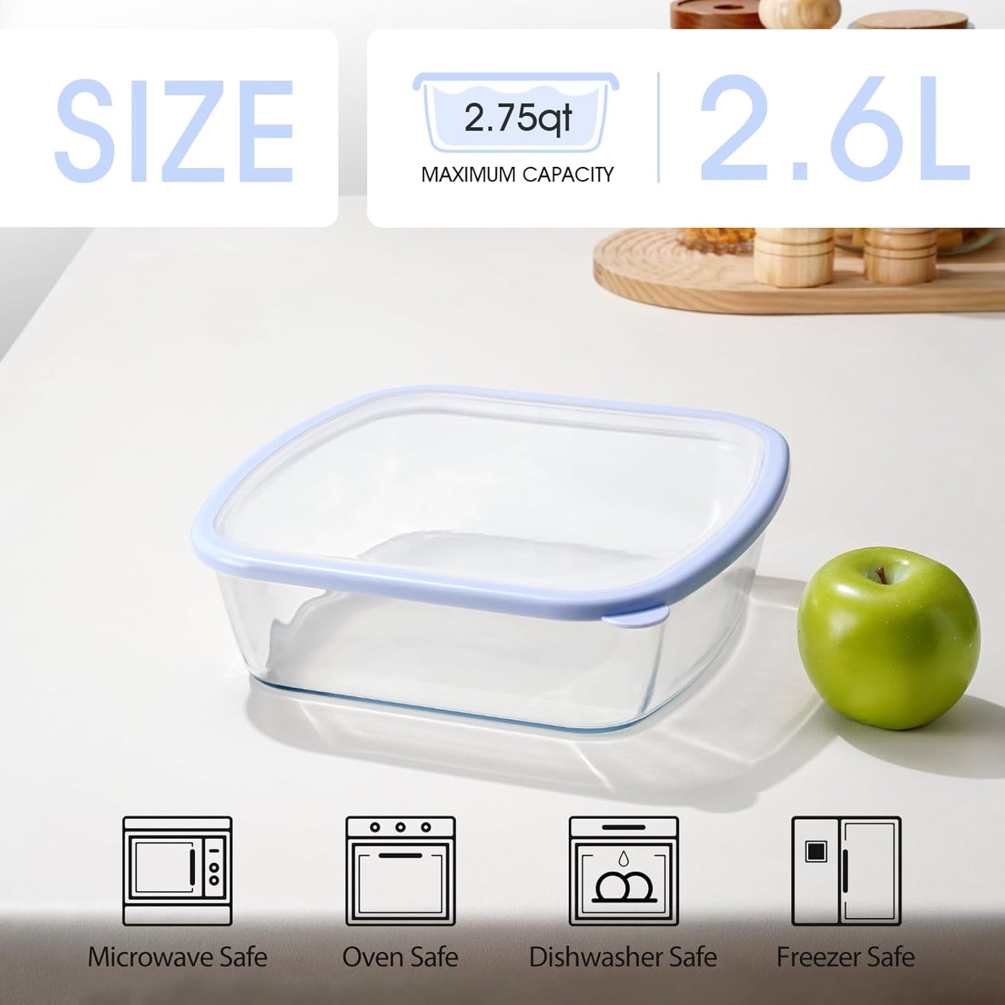 NUTRIUPS Glass Baking Dish - BPA-Free Lids, Square Casserole Pan for Oven & Dishwasher | 2.6L, Blue