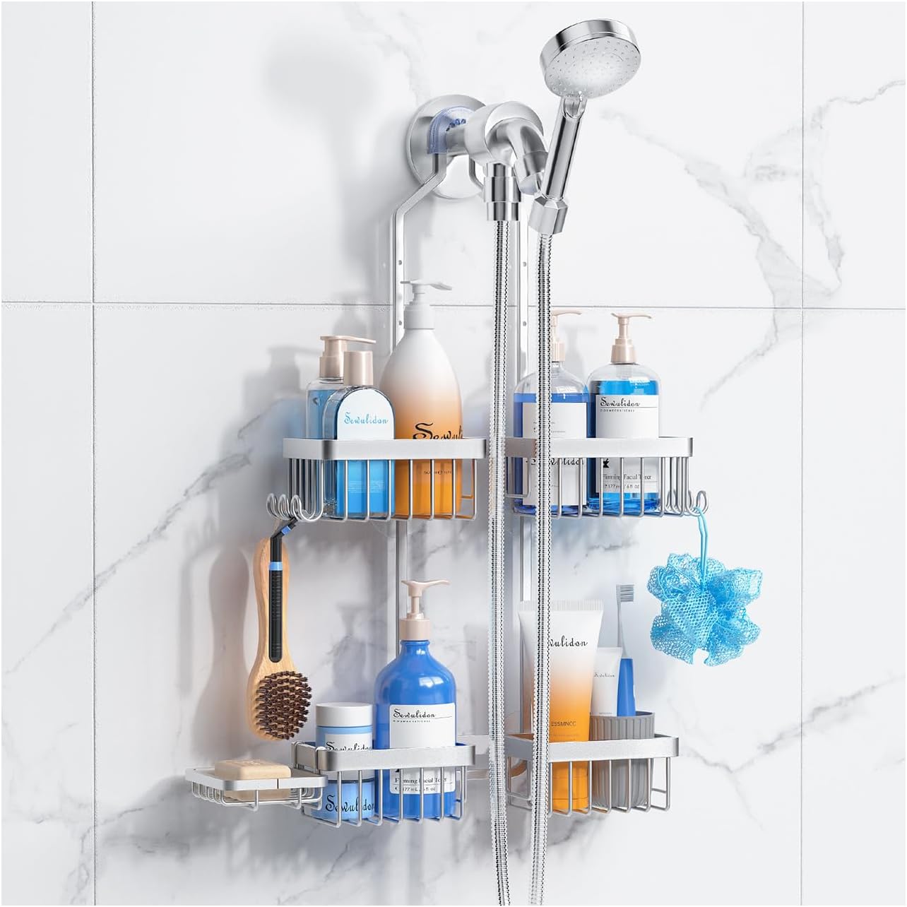 Sewulidon Aluminum Alloy Shower Caddy - Rustproof Handheld Shower Organizer | Height Adjustable 4 Levels with Hooks & Soap Holder