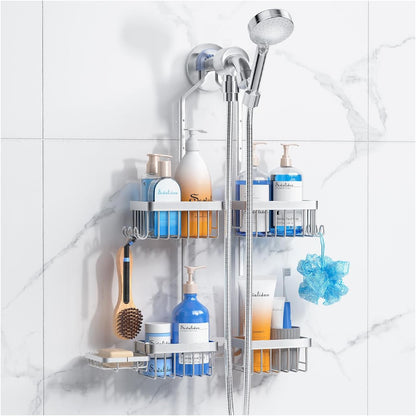 Sewulidon Aluminum Alloy Shower Caddy - Rustproof Handheld Shower Organizer | Height Adjustable 4 Levels with Hooks & Soap Holder