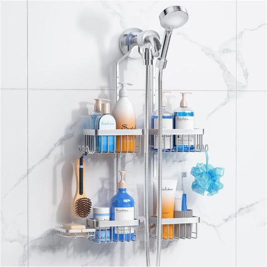 Sewulidon Aluminum Alloy Shower Caddy - Rustproof Handheld Shower Organizer | Height Adjustable 4 Levels with Hooks & Soap Holder