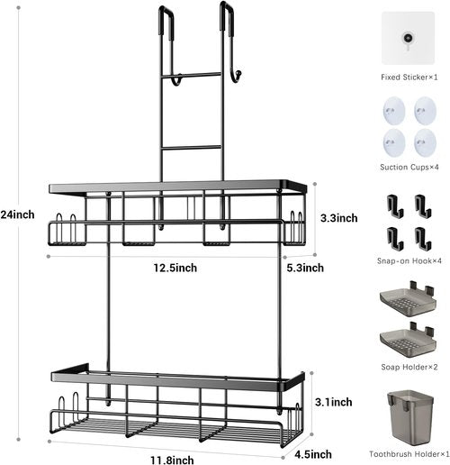 Aitatty Over The Door Shower Caddy - Rustproof Hanging Organizer Rack in Black | No Drilling Required