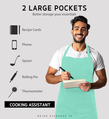 Syntus 2 Pack Adjustable Bib Apron Waterdrop Resistant with 2 Pockets Cooking Kitchen Aprons for BBQ Drawing, Women Men Chef, Green