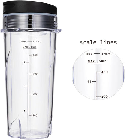 Ninja Blender Cups - 16oz Replacement for QB3001SS, QB3000SS, BL660, BL770, BL780 | 2 Pack with Lids