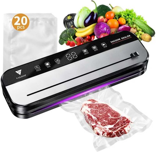 CALOOP Food Vacuum Sealer Machine - Powerful 80 Kpa Food Saver with 20 Seal Bags & Digital Timer | Compact Design