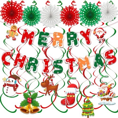 Christmas Party Decorations Set with Banner, Paper Fans & Swirls - Red Green Holiday Decor