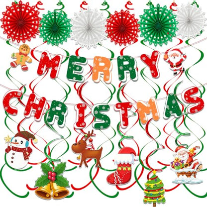 Christmas Party Decorations Set with Banner, Paper Fans & Swirls - Red Green Holiday Decor