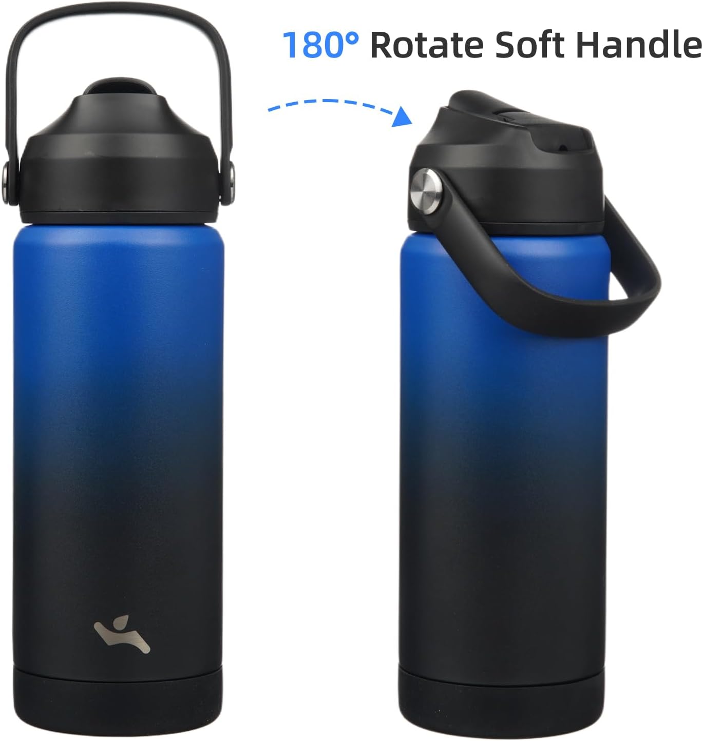 Skiennix Insulated Water Bottle - 18 oz Stainless Steel with Straw Lid & Silicone Handle | Black/Blue