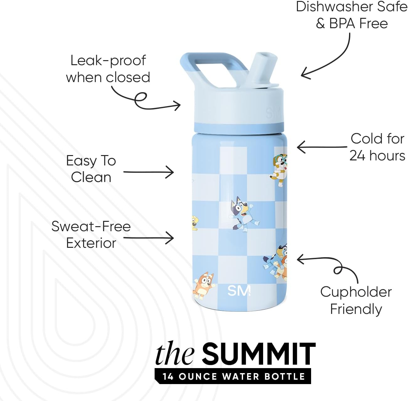 Simple Modern Kids Summit Water Bottle - Bluey 14oz Insulated Stainless Steel Tumbler with Straw Lid