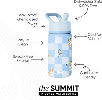 Simple Modern Kids Summit Water Bottle - Bluey 14oz Insulated Stainless Steel Tumbler with Straw Lid
