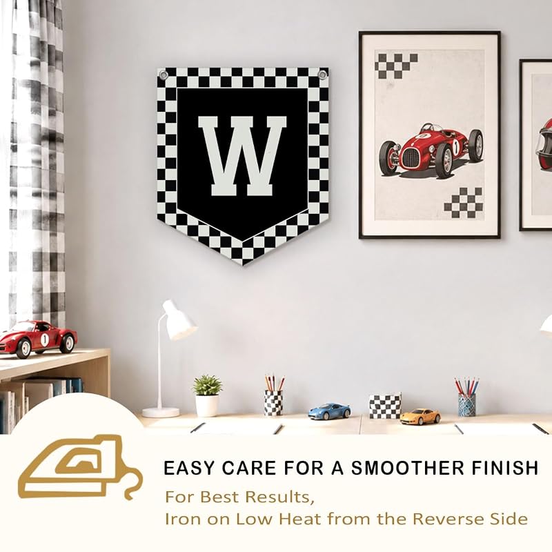 Racing Checkered Initial Pennant Flag - Personalized Name Gift for Boy Bedrooms (Variation room-W)
