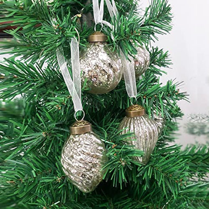 Glass Christmas Ball Ornament Set - Silver Antiqued Holiday Decor 12 Pieces