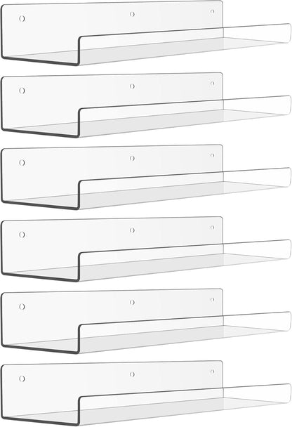 Upsimples 6 Pack Acrylic Floating Shelves - 15" x 4" Wall Storage for Kids' Rooms & Home Decor | Clear Display Shelf