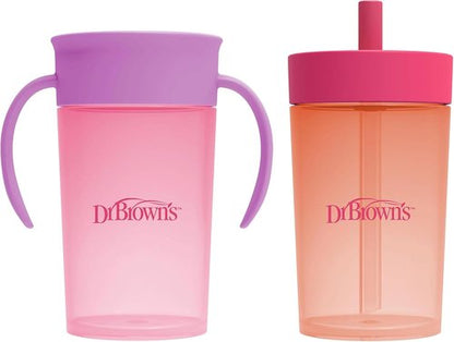 Dr. Brown's 360 Convertible Toddler Training Cup Set - Interchangeable Silicone Straw, Pink Coral, 10 oz, BPA-Free, 2-Pack