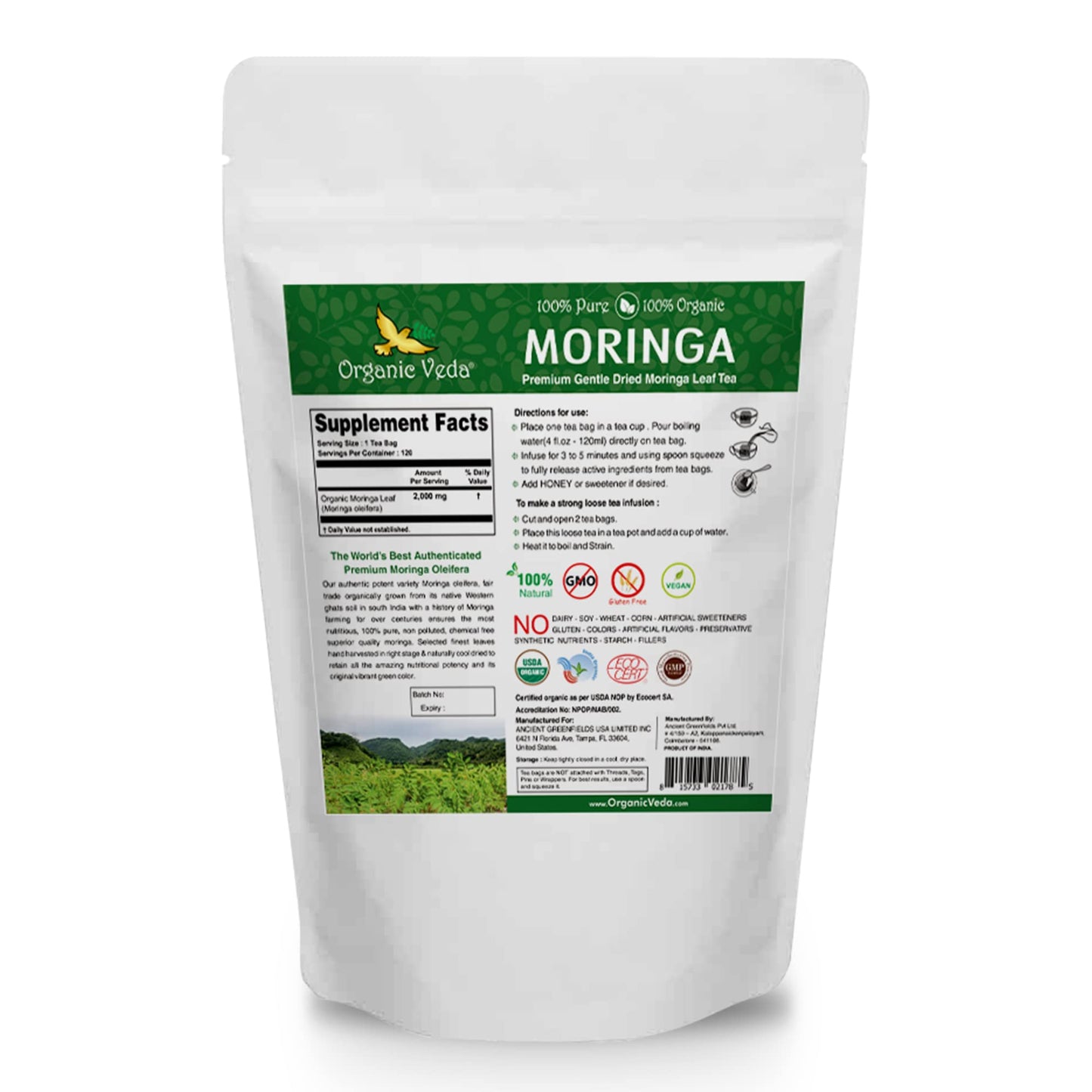 Organic Veda Moringa Tea Bags, Premium Dried Moringa Leaf Tea for Overall Wellness, Non-GMO, Caffeine-Free, & Gluten-Free Organic Tea, 120 Tea Bags