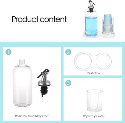 Tbestmax Mouthwash Dispenser - Clear 16oz Pump Bottle with Cup Holder & Tray for Bathroom Organization