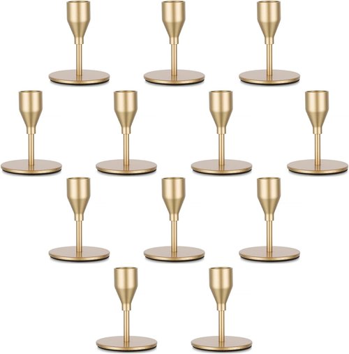 Candeldo Gold Taper Candle Holders - Elegant Metal Candle Stands | Set of 12 for Weddings & Decor