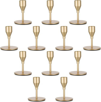 Candeldo Gold Taper Candle Holders - Elegant Metal Candle Stands | Set of 12 for Weddings & Decor