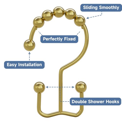 Titanker Gold Shower Curtain Hooks Rings, Rust-Resistant Metal Double Glide Shower Hooks Rings for Bathroom Shower Curtains Rods, Set of 12 Hooks - Light Gold