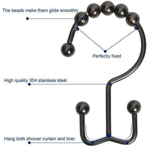 Gidse Shower Curtain Hooks,Sturdy Stainless Steel Double Sided Shower Hooks Rings for Bathroom Shower Curtain Rods Curtains Set of 12 Hooks - Bronze