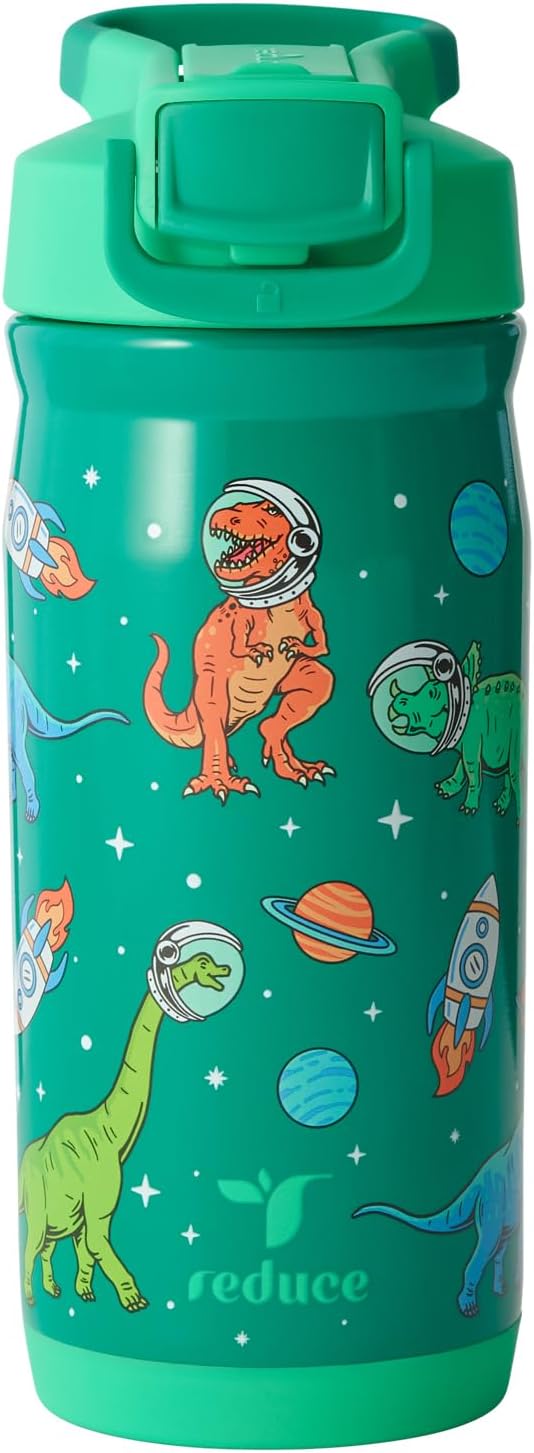 Reduce Hydrate Pro Kids 14oz Stainless Steel Water Bottle - Spill Proof Tumbler with Straw | 30-Hour Cold Retention - Jurassic Space Design
