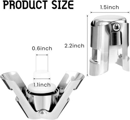 Champagne Stoppers Stainless Steel, Prosecco Sparkling Wine Bottle Stopper with Silicone Sealing Plug, Leak proof Keep Fresh Reusable Champagne Cork & Saver (Silver, 2 Pack)