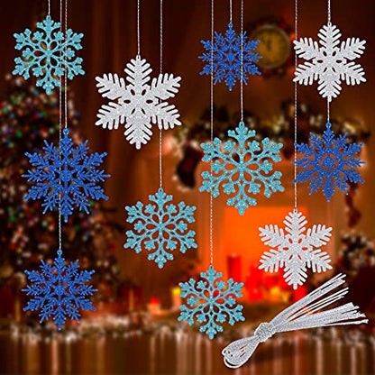 36 Pieces Glitter Snowflake Christmas Decorations - Lake Blue, Royal Blue, Silver