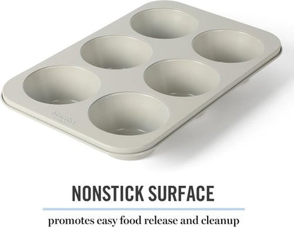 Martha Stewart Gallen 6-Cup Muffin Pan - Nonstick Carbon Steel Bakeware for Easy Release & Even Baking - Cool Grey