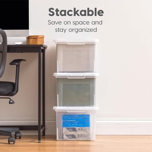 IRIS USA File Box - Portable Plastic File Organizer with Lids | Stackable BPA-Free 35 Qt. 4 Pack