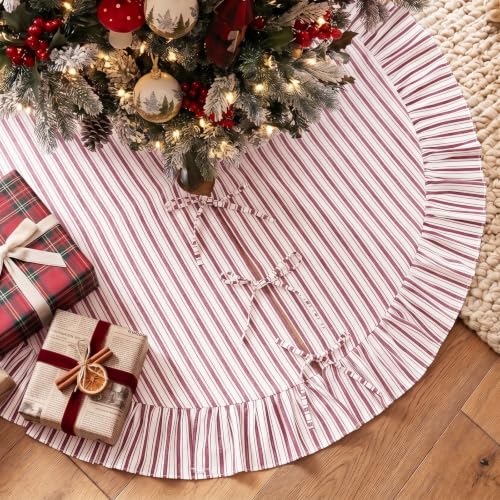 Christmas Tree Skirt 48 Inch Red & White Ruffle with Bows - Burgundy Variation