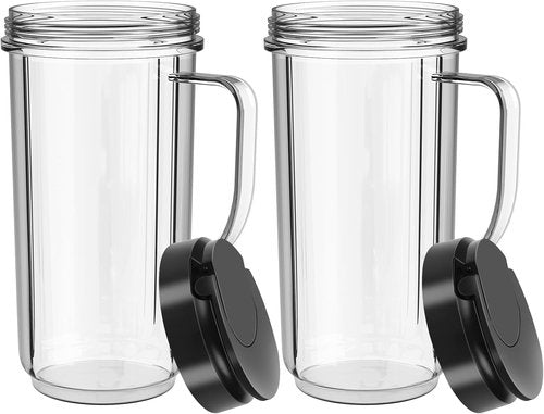 Magic Bullet Blender Cups - 22oz Tall Replacement Cups with Flip Top Lid & Handle | 2 Pack