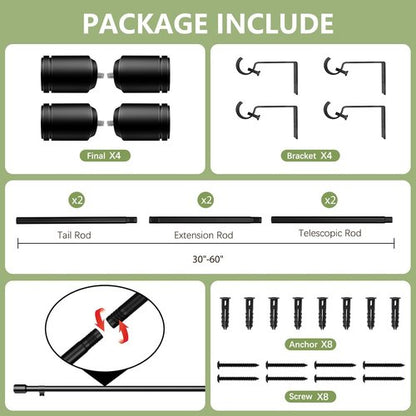 Adjustable Black Curtain Rods by [Brand Name] - 30-60 Inch for 30-54 Inch Windows | 2 Pack with Brackets