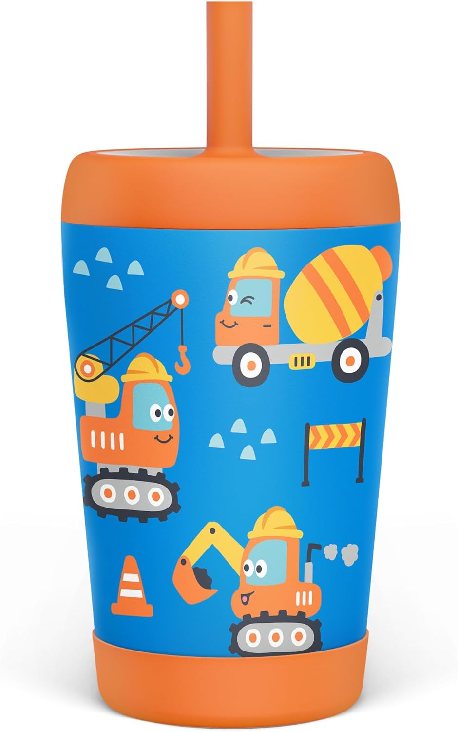 Skiennix Insulated Stainless Steel Tumbler - 12oz Kids Sippy Cup with Silicone Straw | Construction Trucks Design