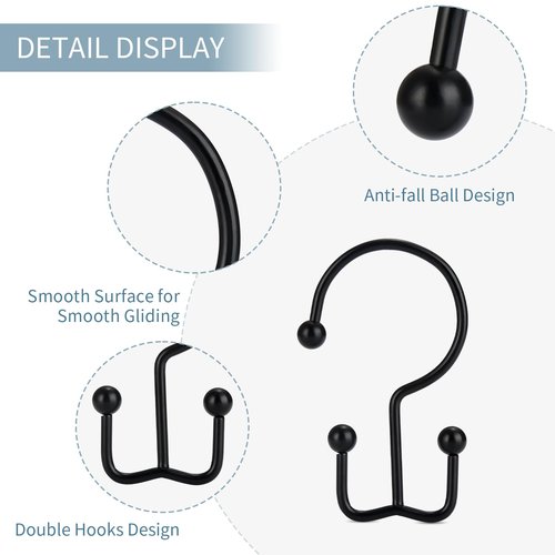 Goowin Shower Curtain Hooks, 12 Pcs Shower Curtain Rings, Durable Rust Proof Black Shower Curtain Hooks, Shower Rings for Curtain, Double Glide Shower Hooks for Shower Curtain Rods, Black