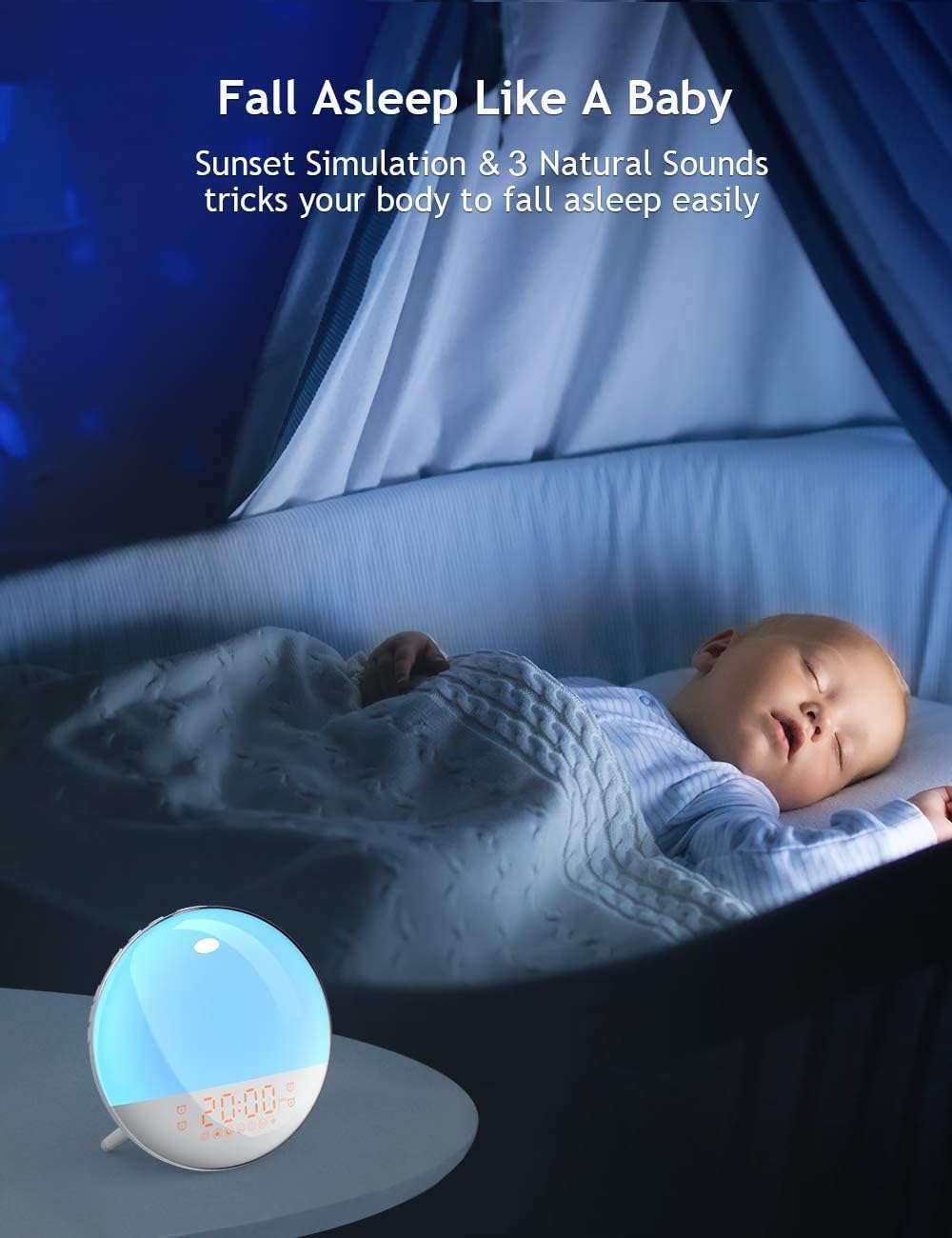 Smart Sunrise Alarm Clock, Wake Up Light Alarm Clocks for Bedrooms, Teens Heavy Sleepers Kids,Sleep Aid with FM Radio, Sunrise/Sunset Simulation, 4 Alarm Clock, 7 Alarm Sounds, APP Remote Control