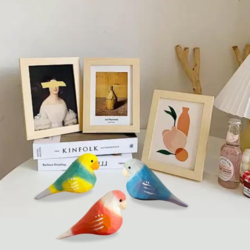 LWINGFLYER Hand-Carved Wooden Bird Figurines - Vibrant Miniature Statues for Home Decor | 3PCS Parrot Set