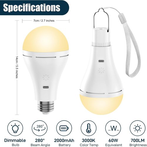 Brightown USB Rechargeable Light Bulb - Remote & Timer for Emergency Power Outages | 700LM, 6000K, 2 Pack