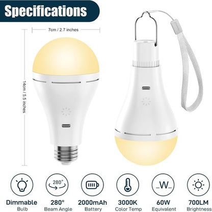 Brightown USB Rechargeable Light Bulb - Remote & Timer for Emergency Power Outages | 700LM, 6000K, 2 Pack