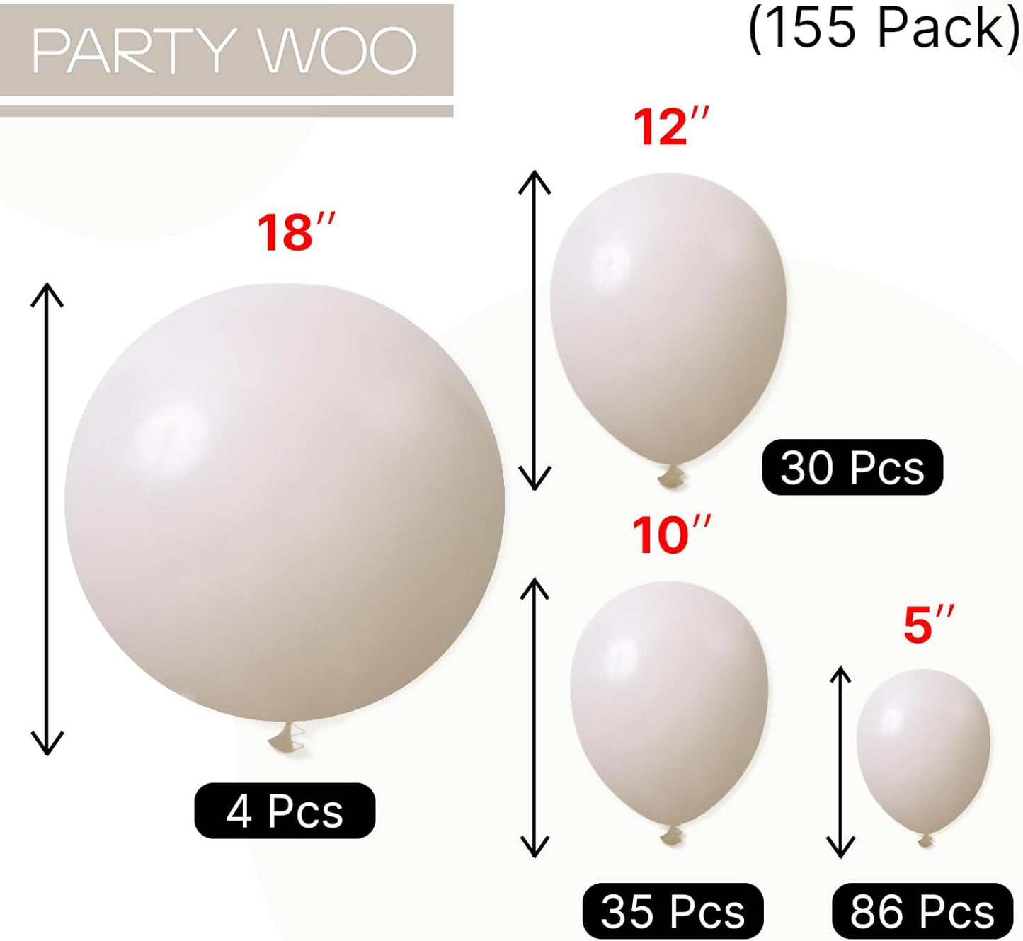 PartyWoo White Sand Balloons - 155-Piece Boho Neutral Balloon Arch Kit for Weddings & Parties | 5-18 Inch